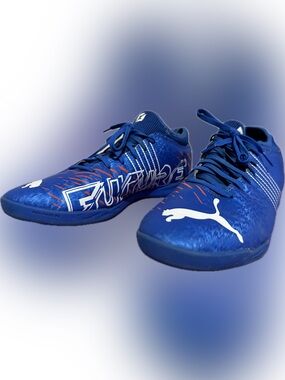 Puma Blue Indoor Soccer Shoes with White Logo and Orange Accents